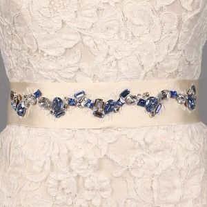 Ossai SS11-SH-24 Ivory Blue Clear Crystals Embellished Silk Ribbon Bridal Sash